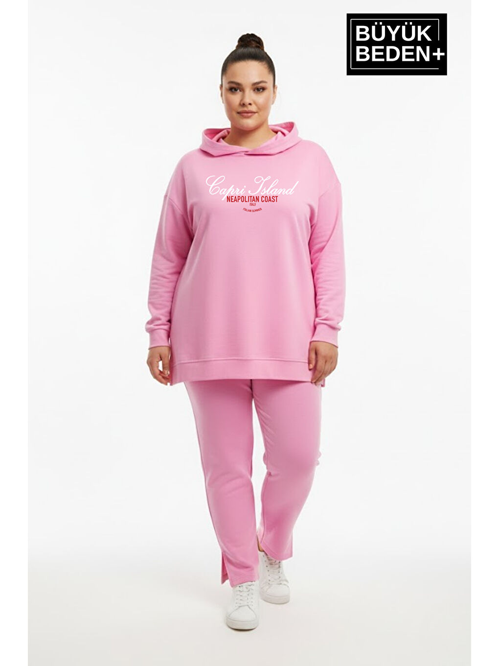 Pembe Büyük Beden Kapüşonlu Capri İsland Baskılı Tunik ince Sweatshırt SPR26BTK991-2