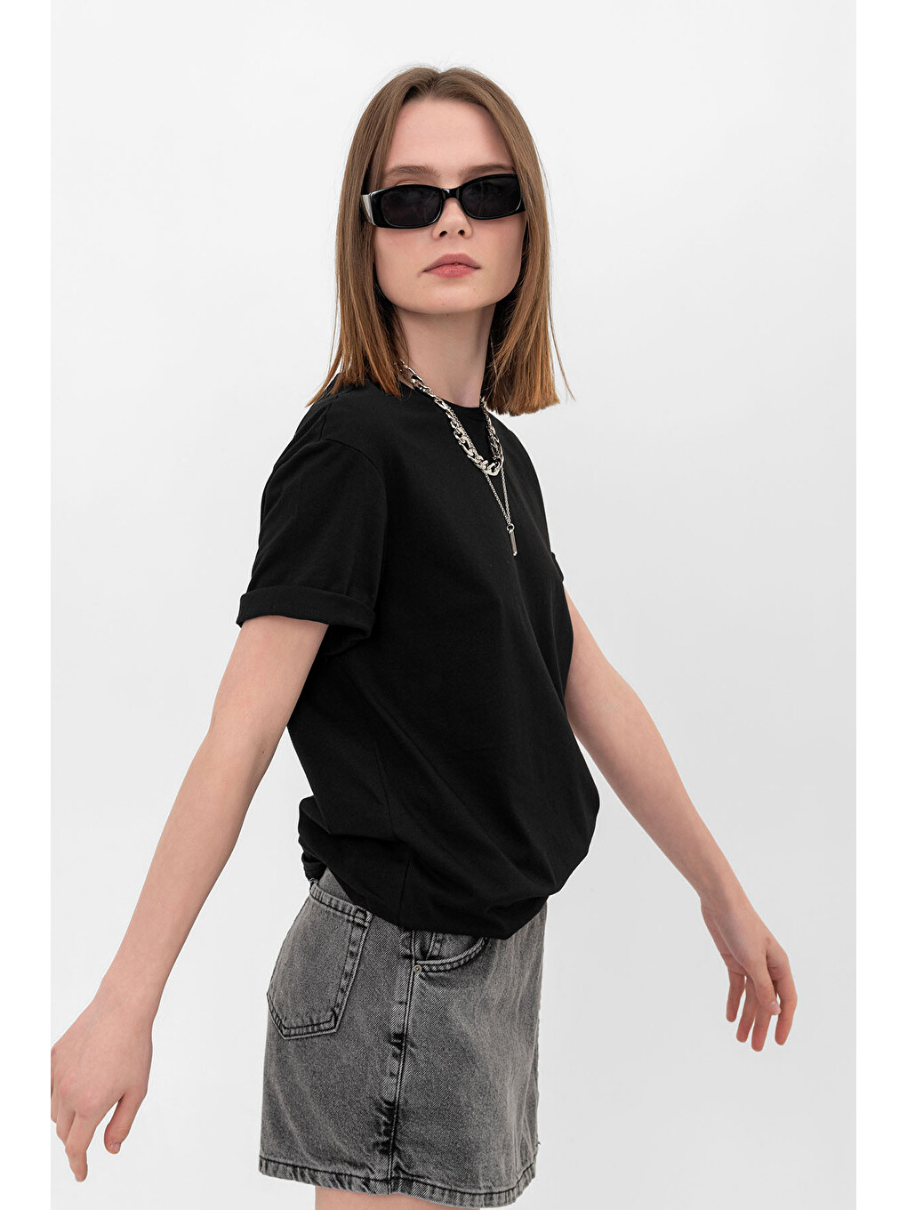 Siyah Oversize Fit Pamuklu Kısa Kollu Basic Uniseks Kadın Erkek Tişört-2