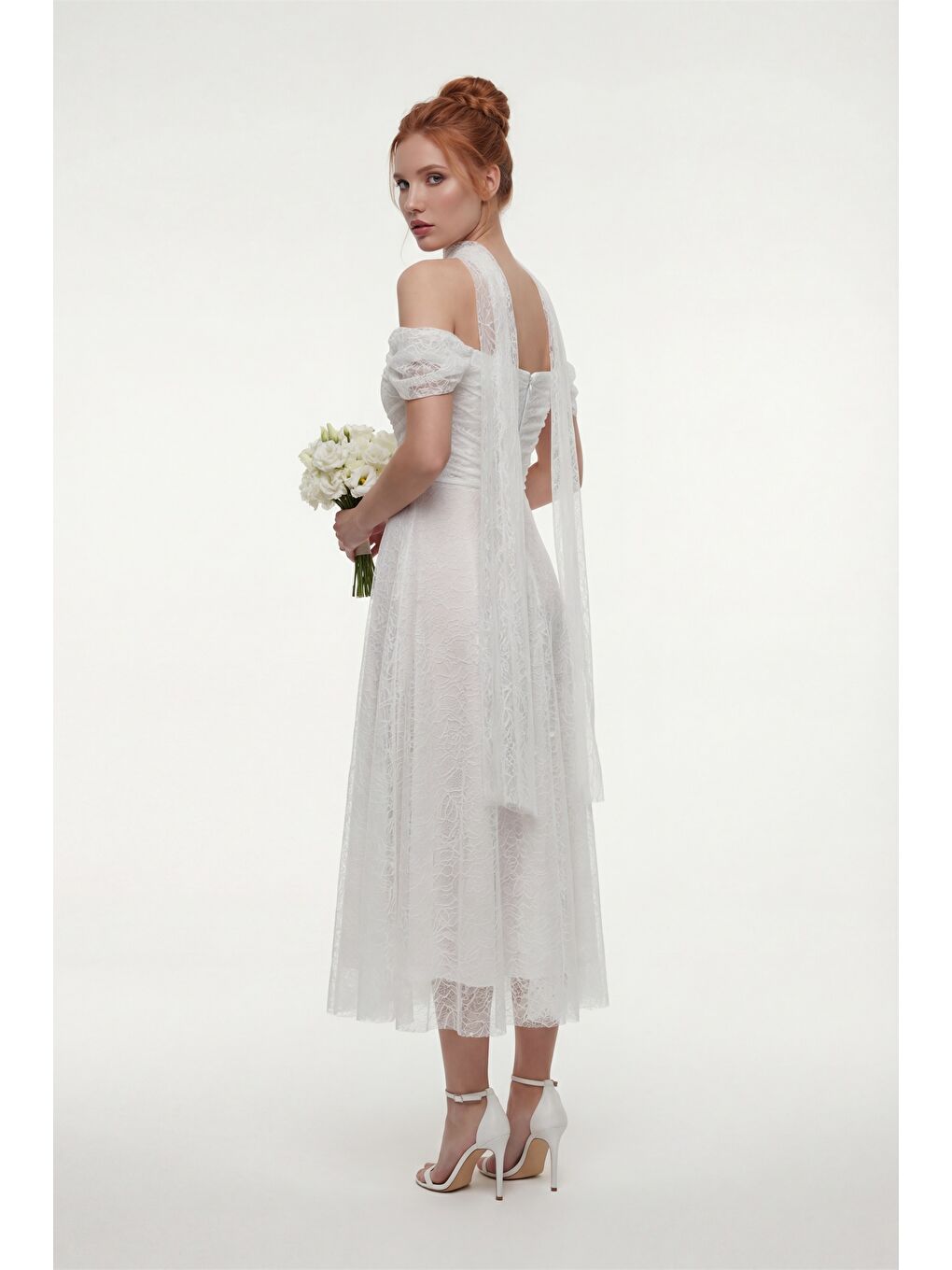 Kadın Beyaz Dar Kalıp Kayık Yaka Dantelli Midi Söz Nişan Nikah Abiye-4