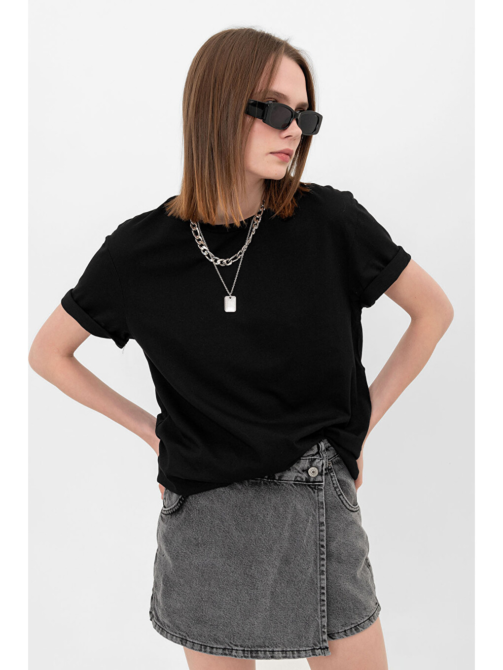 Siyah Oversize Fit Pamuklu Kısa Kollu Basic Uniseks Kadın Erkek Tişört-4