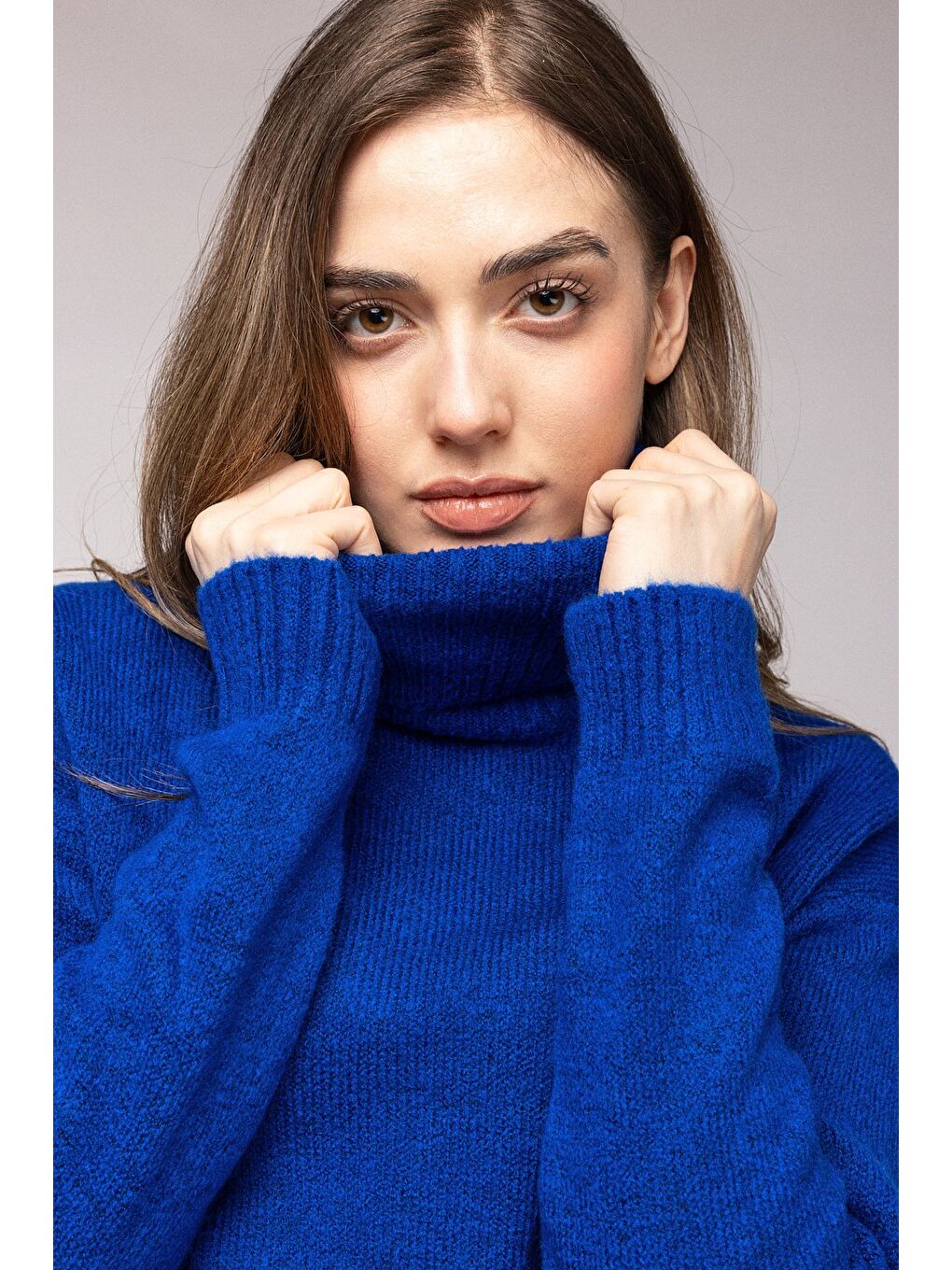 Mavi Balıkçı Yaka Oversize Triko Kazak-3