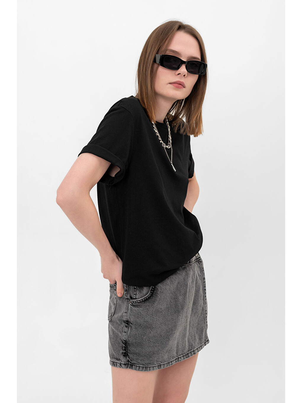 Siyah Oversize Fit Pamuklu Kısa Kollu Basic Uniseks Kadın Erkek Tişört-5