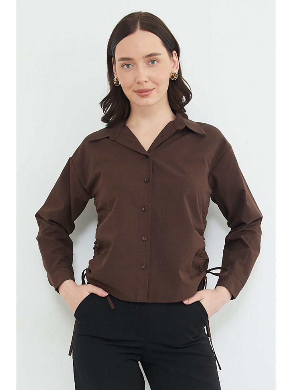 Kahverengi Basic Yanları Büzgülü Salaş Gömlek-2