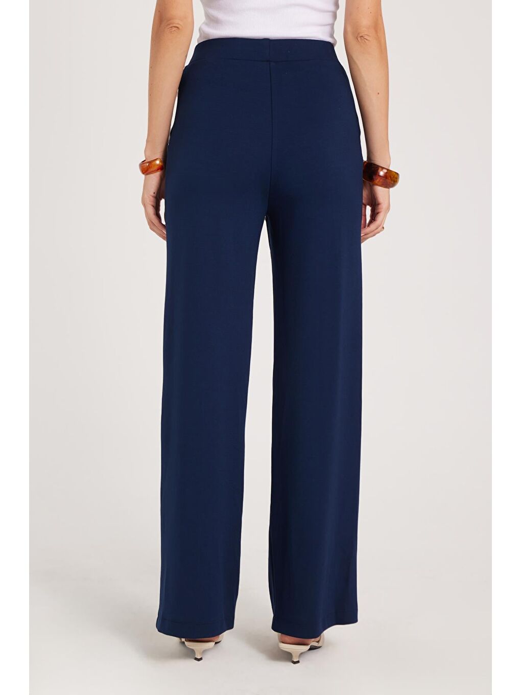 Kadın Relax Fit Rahat Kesim Modal Kumaş Yüksel Bel Geniş Paça Lacivert Pantolon-6