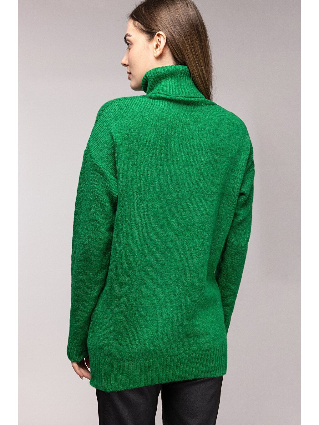 Yeşil Balıkçı Yaka Oversize Triko Kazak-4