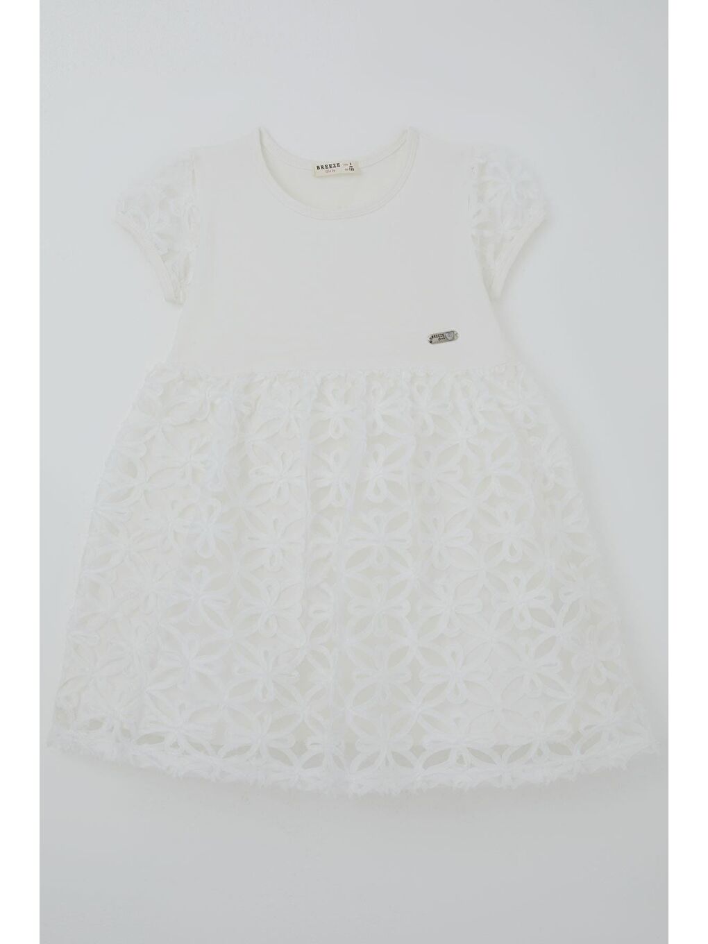 Kız Çocuk Elbise Etek Ve Kol Kısmı Organze Kabartmalı Çiçek Tül Detaylı Ekru (4-8 Yaş)