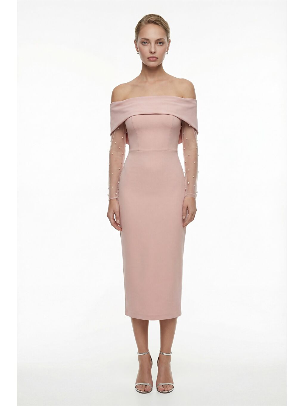 Pembe Kadın Pudra Kayık Yaka İncili Midi Söz Nişan Nikah Abiye Elbise
