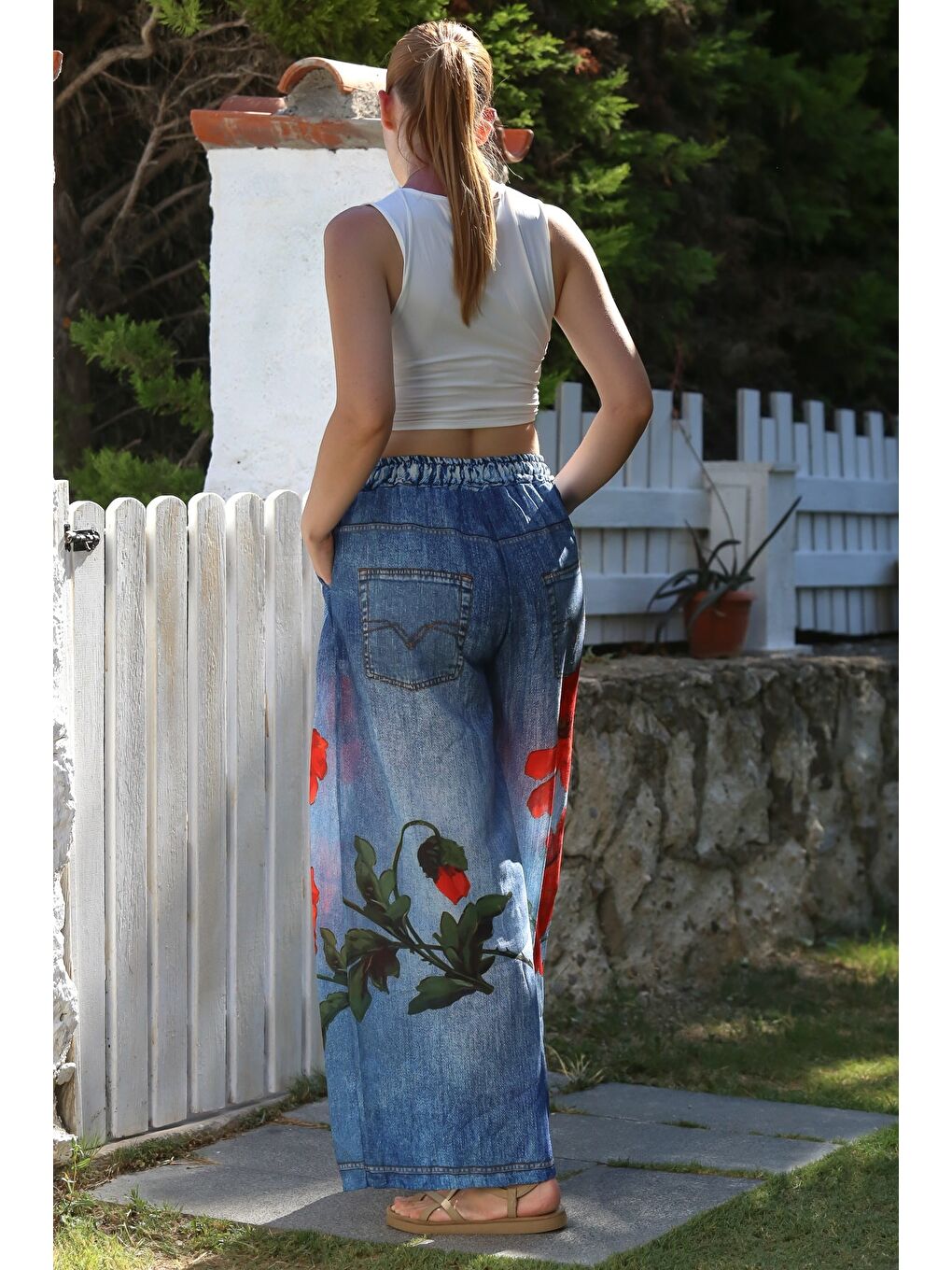 İtalyan Jean Mavisi Dijital Baskılı Lastikli Ve Bağlamalı Bel Geniş Paça Dokuma Pantolon 105 65-1