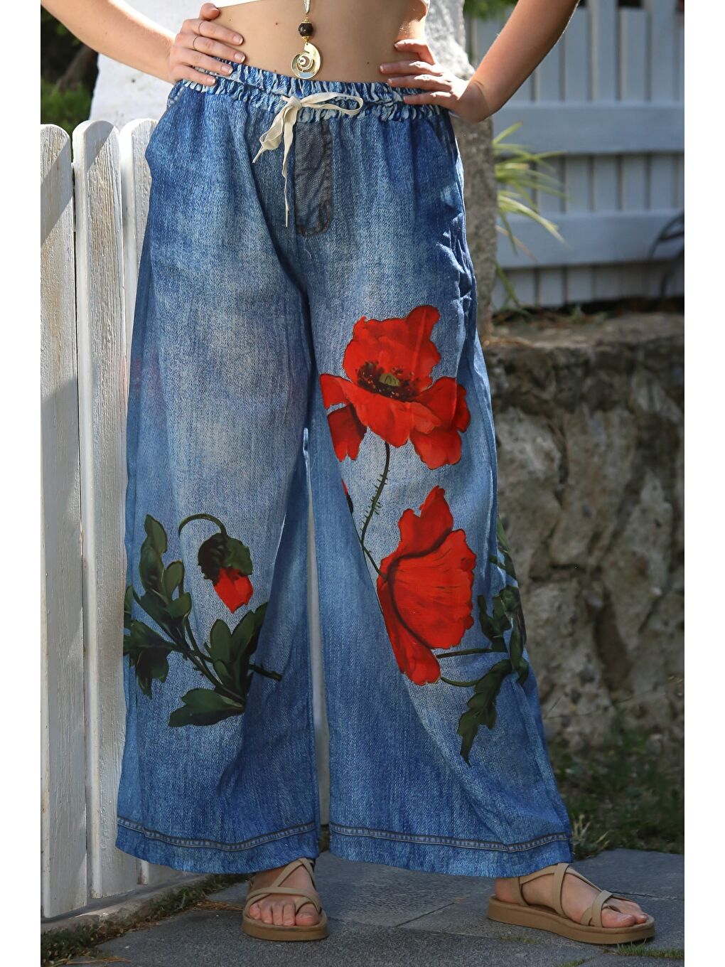 İtalyan Jean Mavisi Dijital Baskılı Lastikli Ve Bağlamalı Bel Geniş Paça Dokuma Pantolon 105 65-2