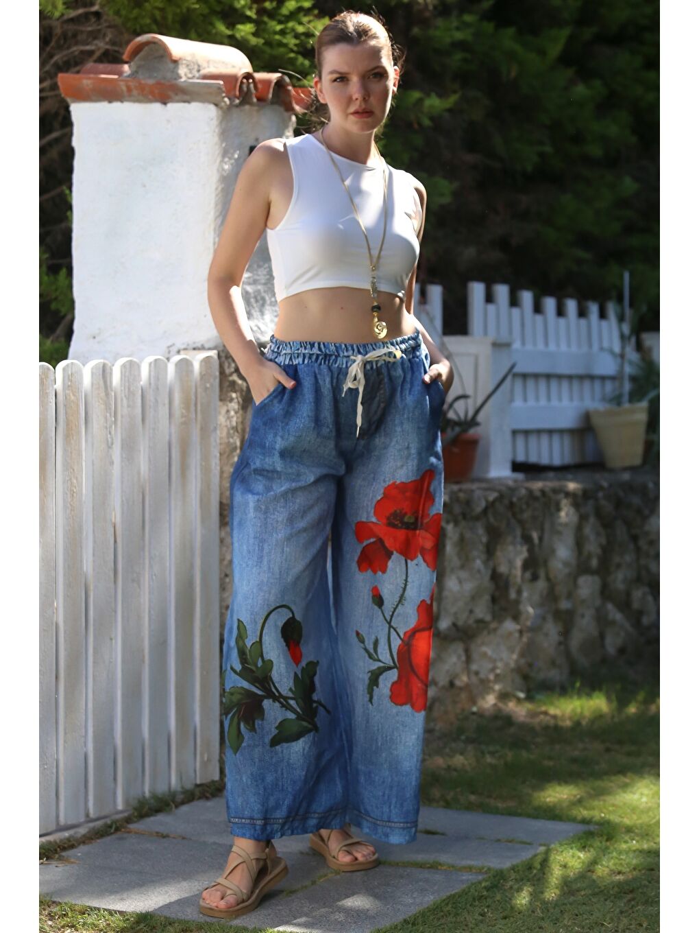 İtalyan Jean Mavisi Dijital Baskılı Lastikli Ve Bağlamalı Bel Geniş Paça Dokuma Pantolon 105 65-3