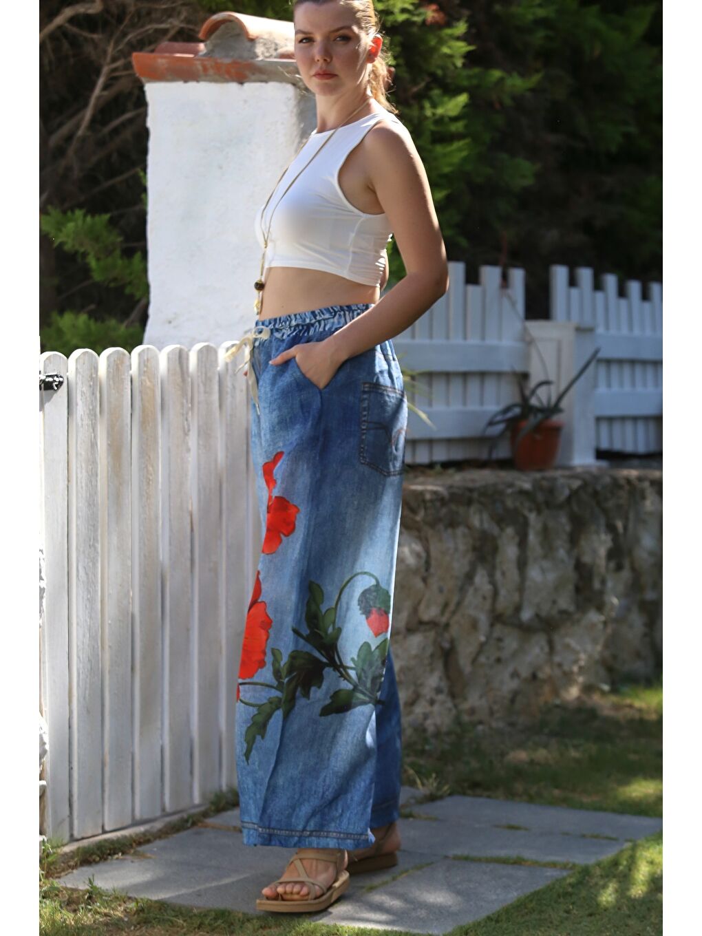 İtalyan Jean Mavisi Dijital Baskılı Lastikli Ve Bağlamalı Bel Geniş Paça Dokuma Pantolon 105 65-4