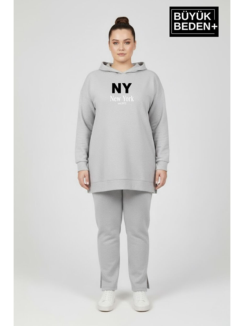 Gri Büyük Beden Kapüşonlu NY Newyork Baskılı Tunik ince Sweatshırt SPR26BTK991-1