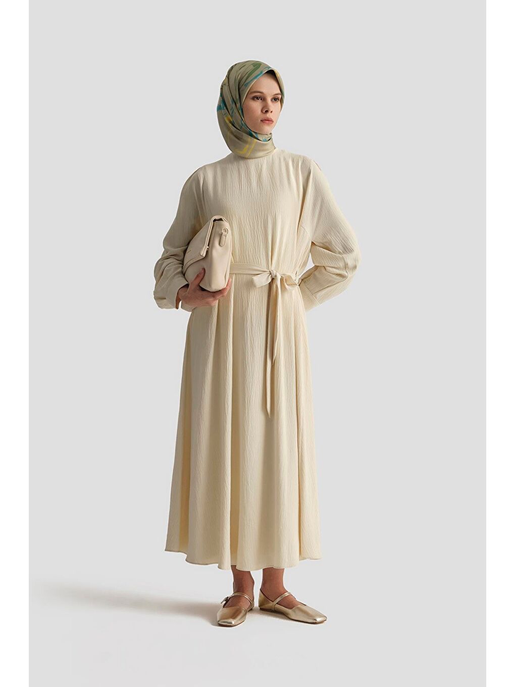 Bej Balon Kollu Elbise 25Kd4013 Kum-1