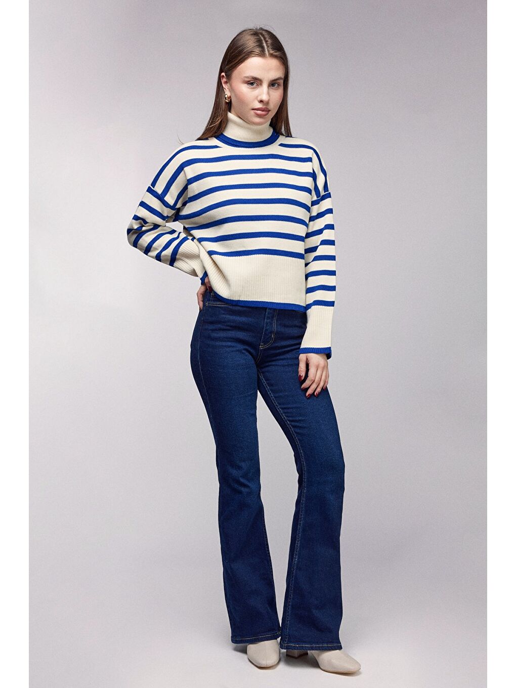 Mavi Çizgili Balıkçı Yaka Oversize Triko Kazak-2