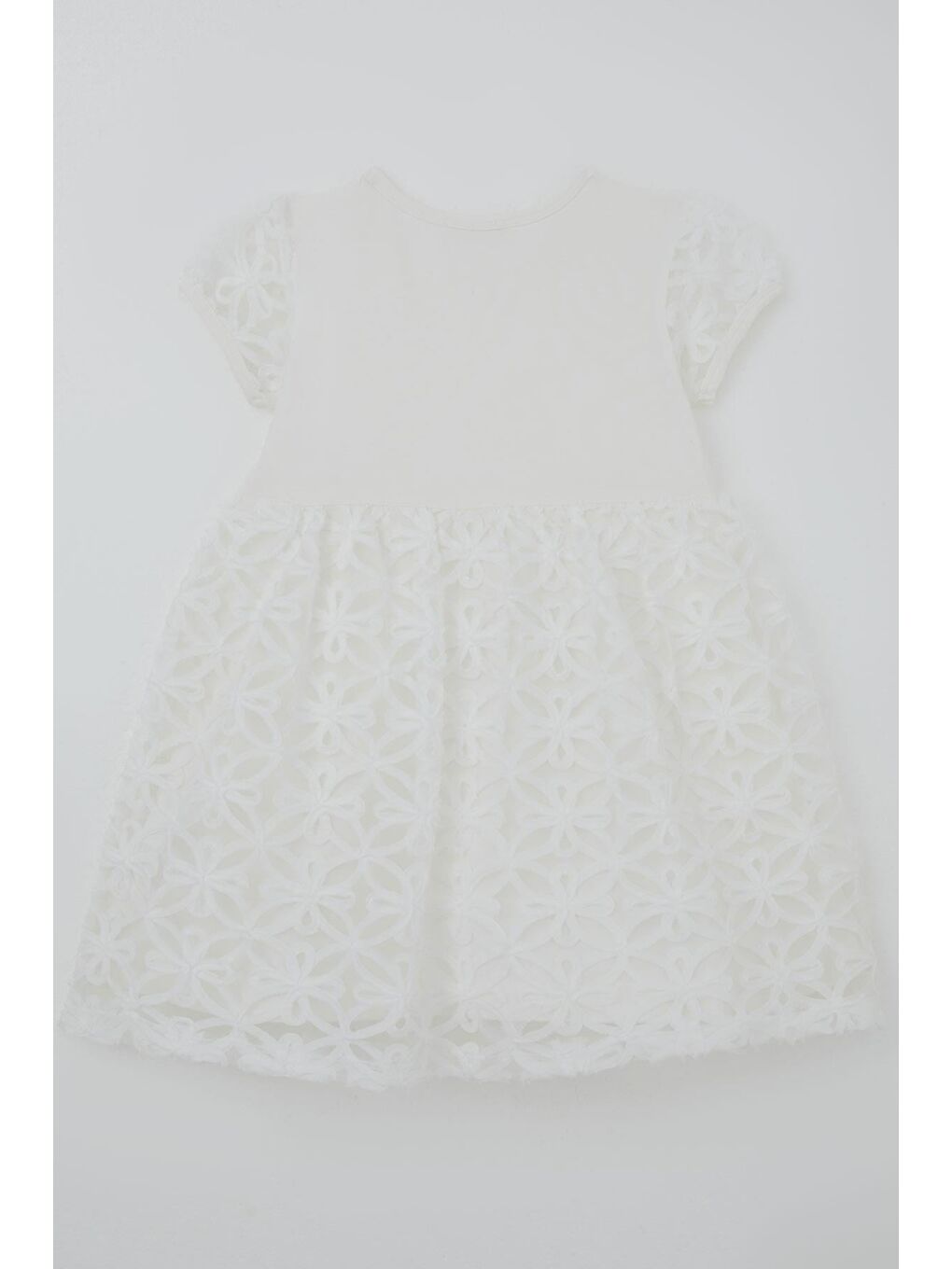 Kız Çocuk Elbise Etek Ve Kol Kısmı Organze Kabartmalı Çiçek Tül Detaylı Ekru (4-8 Yaş)-1