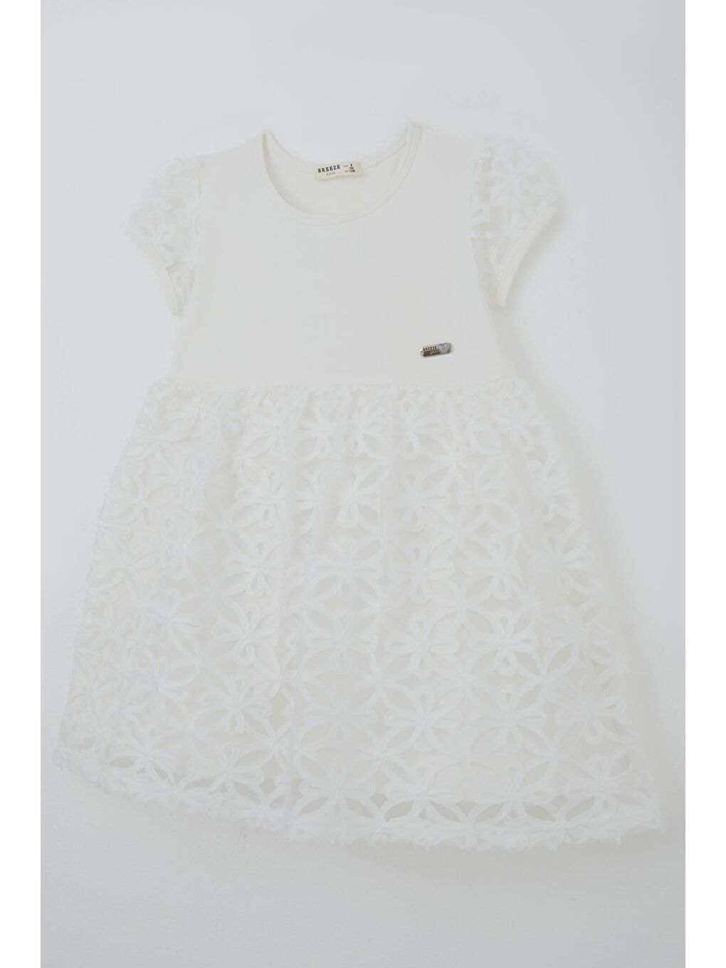 Kız Çocuk Elbise Etek Ve Kol Kısmı Organze Kabartmalı Çiçek Tül Detaylı Ekru (4-8 Yaş)-2