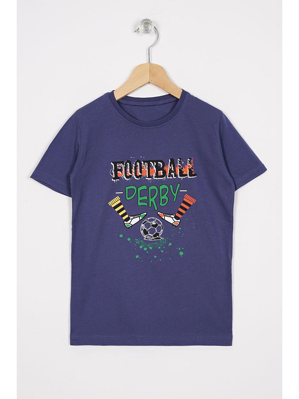 Zepkids İndigo Bisiklet Yaka Kısa Kol Futboll Baskılı İndigo Renk Erkek Çocuk Tshirt