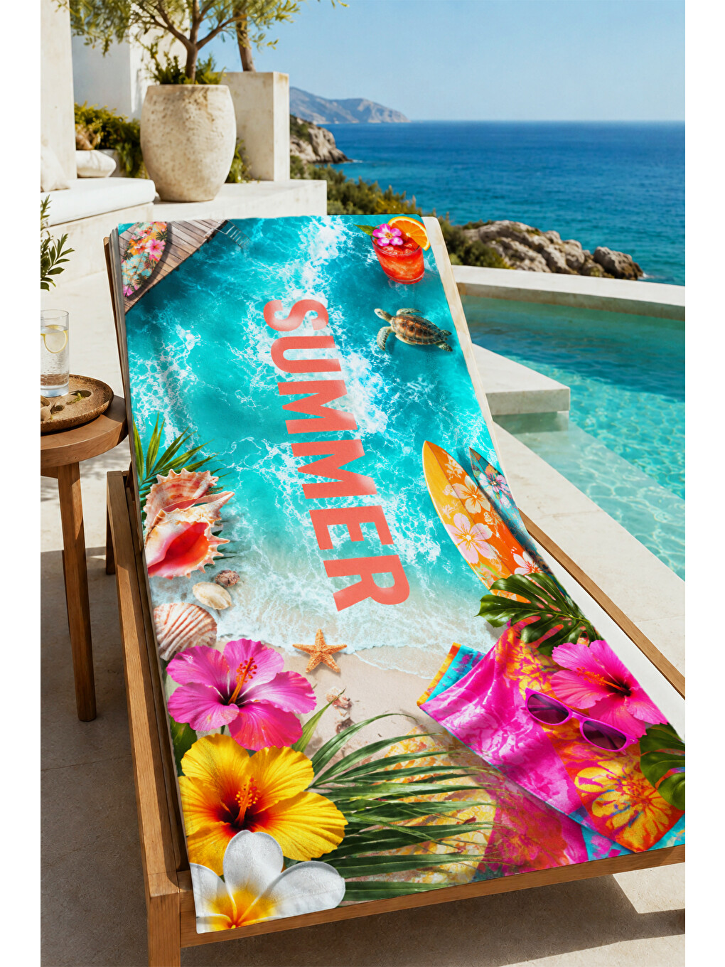 Pembe Pop Art Summer Yazılı Tropikal Çiçekli Kolaj Desenli 70x150 Plaj Havlusu - Pamuklu Banyo Havlusu-4