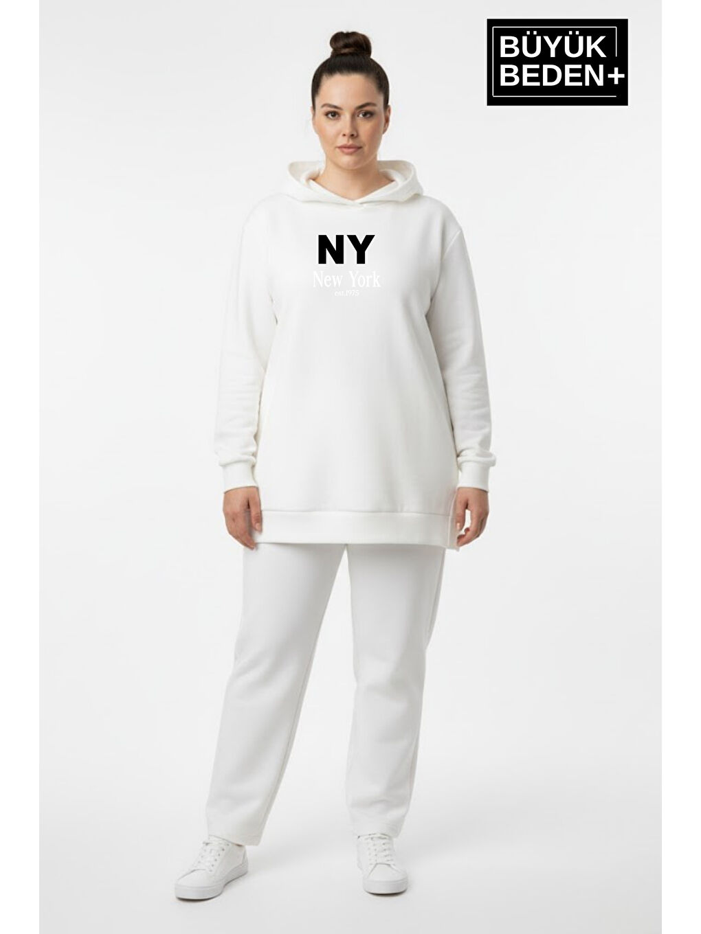 Ekru Büyük Beden Kapüşonlu NY Newyork Baskılı Tunik ince Sweatshırt SPR26BTK991-1