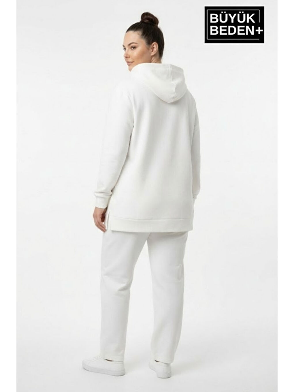 Ekru Büyük Beden Kapüşonlu NY Newyork Baskılı Tunik ince Sweatshırt SPR26BTK991-1-1