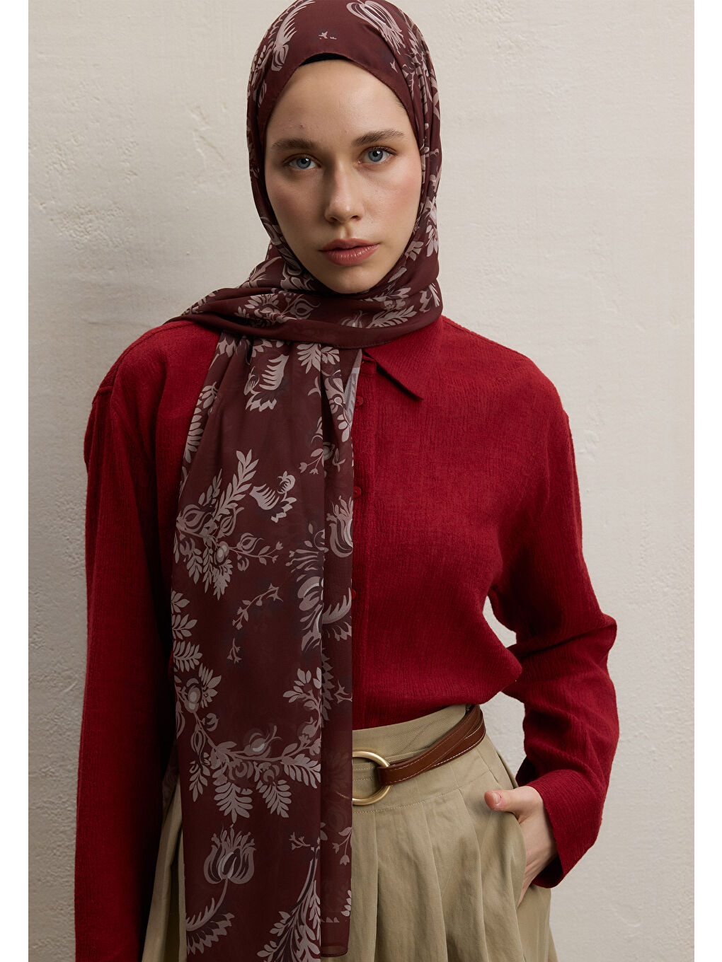 Rosella Desen İpek Krep Şal Bordo-2