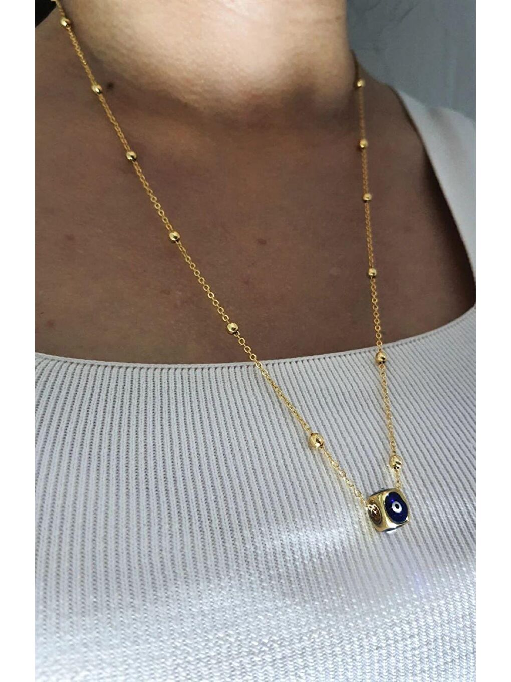 Sarı Altın Renk Top Zincir Mavi Nazar Boncuk Kolye