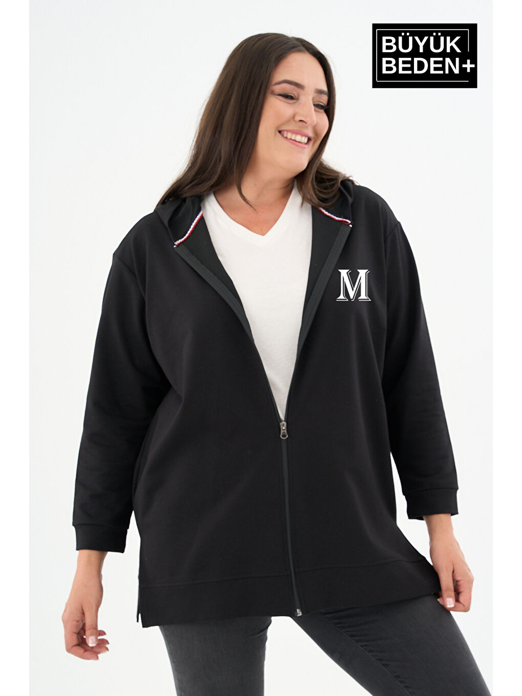 Siyah Kadın Tunik Büyük Beden M Baskılı Fermuarlı Kapüşonlu Sweat Hırka SPR26BTK955-4-1