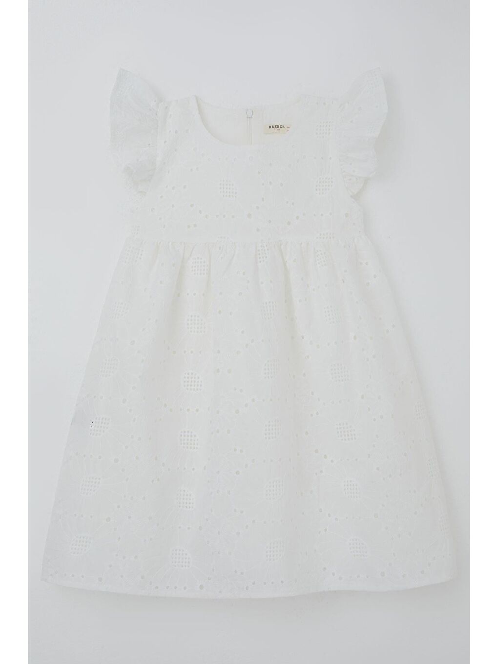 Kız Çocuk Dantel Elbise Çiçek Nakışlı Arka Kısmı Fermuarlı Ekru (5-10 Yaş)