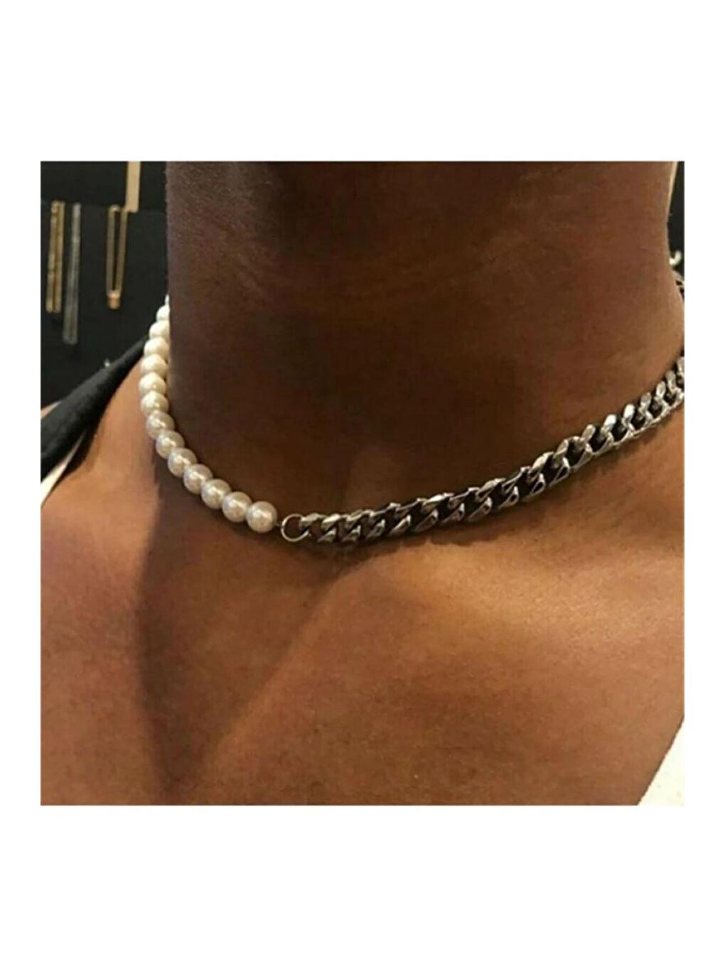 Beyaz Unisex Gümüş Renk İkili İnci Kolye Kalın Zincir Kolye