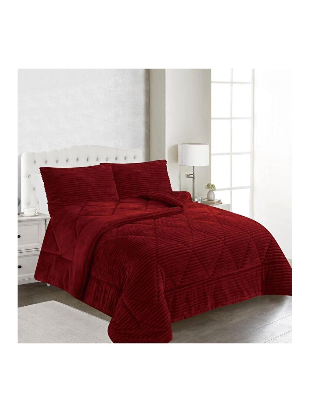 Ece Stripe Çift Kişilik Pelüş Yatak Örtüsü Bordo-1