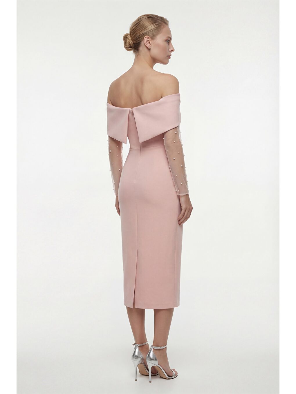 Pembe Kadın Pudra Kayık Yaka İncili Midi Söz Nişan Nikah Abiye Elbise-4