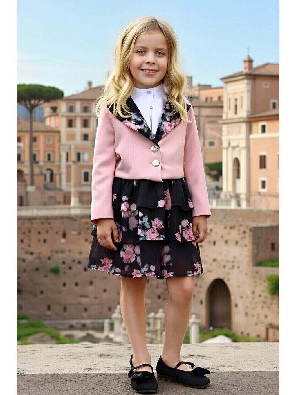 Kız Çocuk Kısa Kollu Yakası Fırfır Gömlek Pembe Blazer Ceket Çiçek Desen Atlas Kumaş Etekli Takım-2