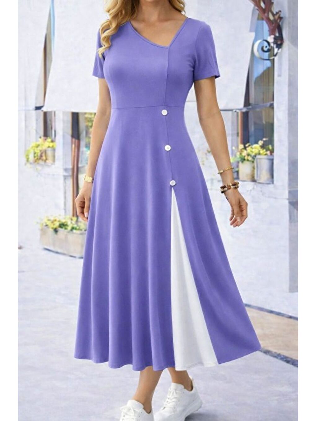 Lila Kadın Kısa Kollu Asimetrik Yakalı Düğme Detaylı Midi Viskon Elbise