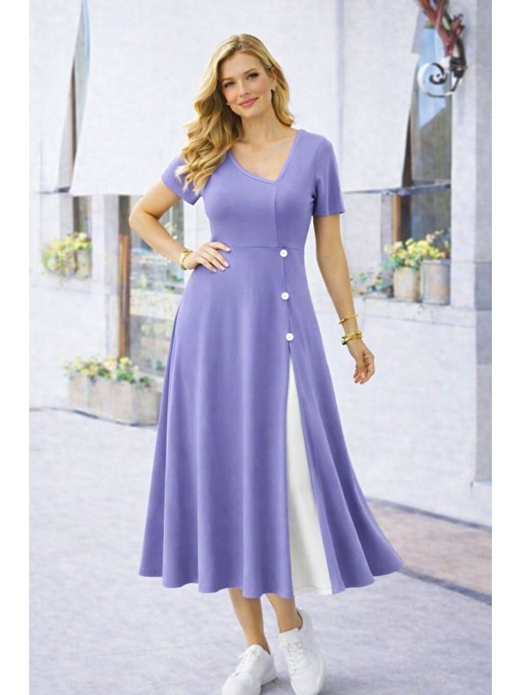 Lila Kadın Kısa Kollu Asimetrik Yakalı Düğme Detaylı Midi Viskon Elbise-2