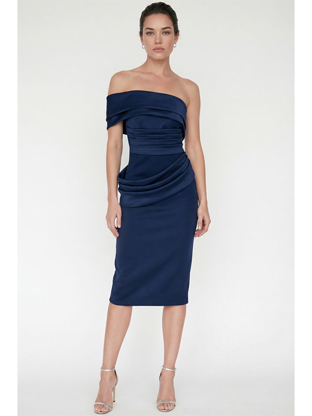 Kadın Lacivert Kayık Yaka Pile Detaylı Midi Söz Nişan Nikah Abiye Elbise