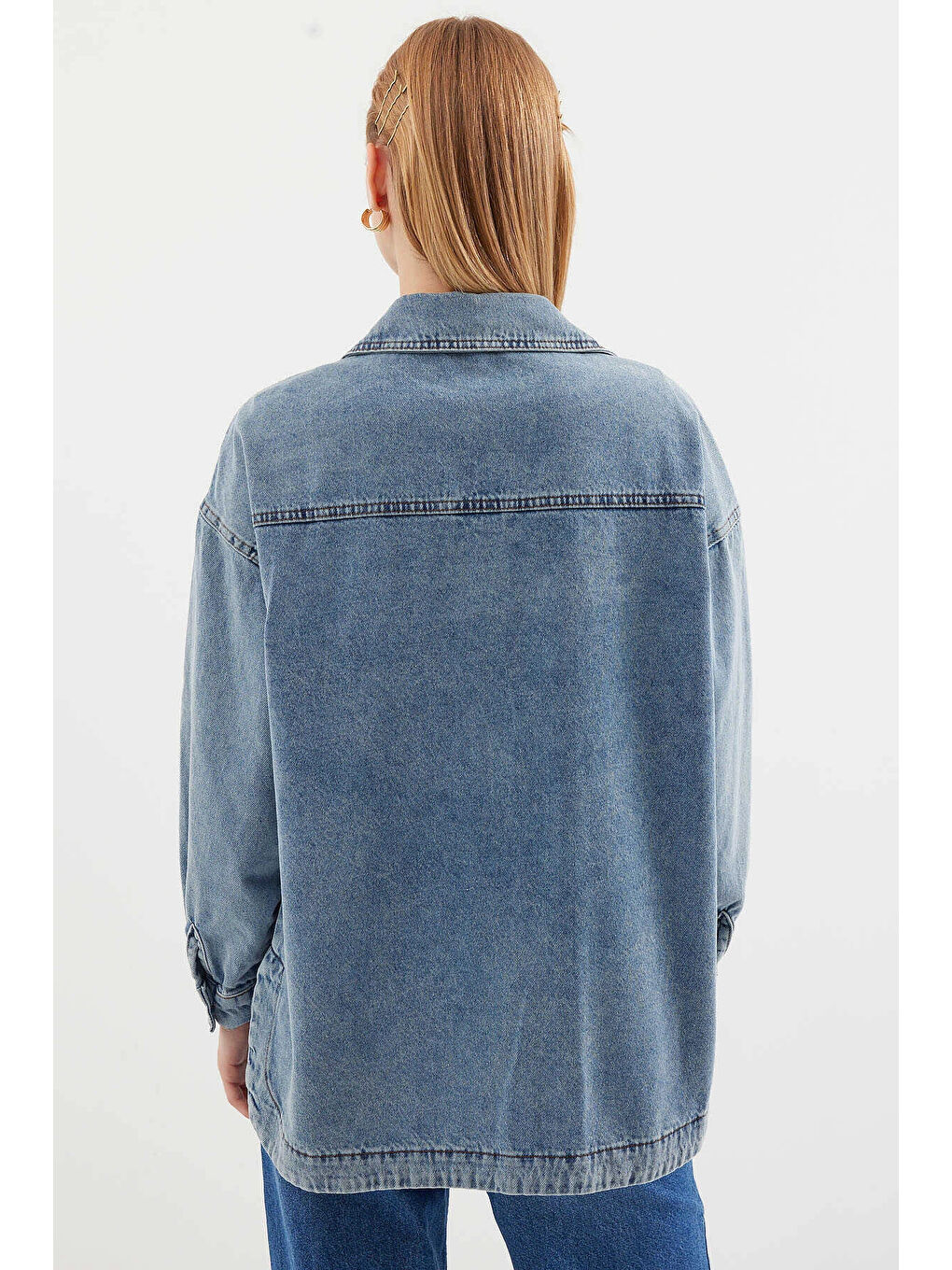 Kadın Mavi Çift Cepli Önden Düğmeli Jean Ceket HZL25S-BD106941-4