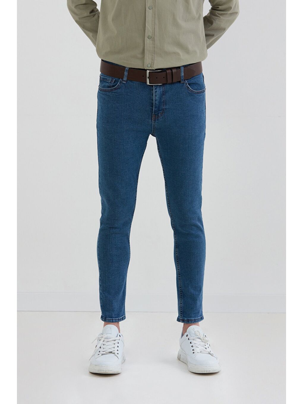 Mavi Fermuarlı Straight Jean Pantolon-2