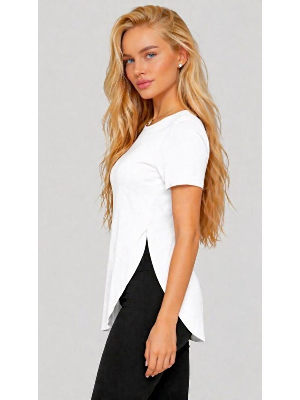 Beyaz Kadın Yırtmaç Detaylı Viskon Kumaş Bluz-2