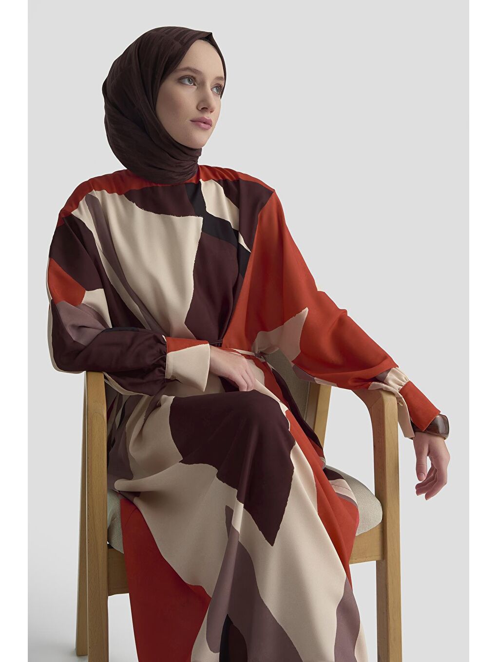 Kahverengi Çapraz Bağlamalı Desenli Elbise 25K9101 Kiremit