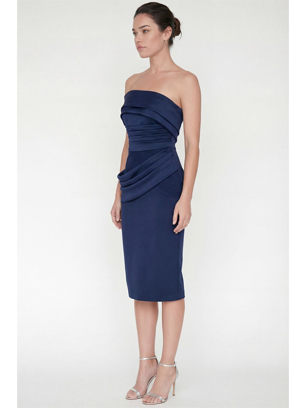 Kadın Lacivert Kayık Yaka Pile Detaylı Midi Söz Nişan Nikah Abiye Elbise-1