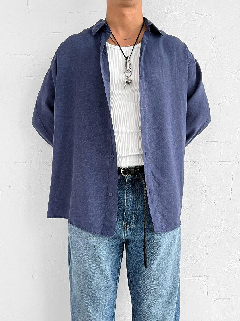Erkek Oversize Yıkamalı Rahat Gömlek Lacivert