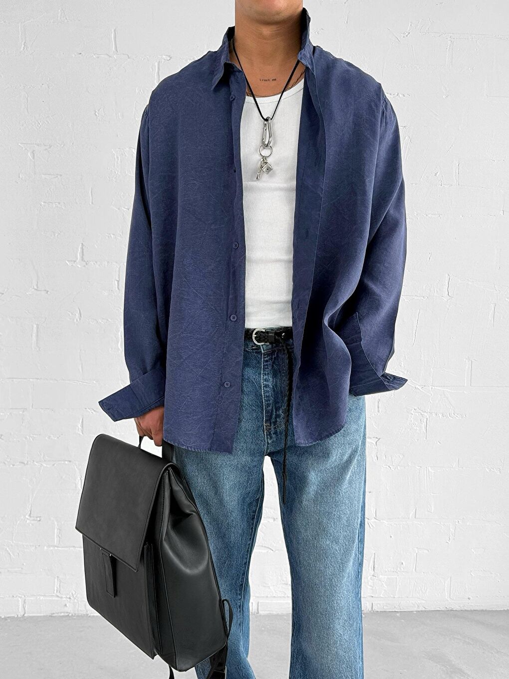 Erkek Oversize Yıkamalı Rahat Gömlek Lacivert-1