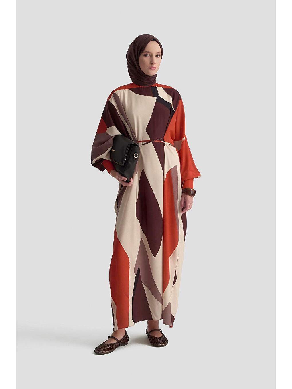 Kahverengi Çapraz Bağlamalı Desenli Elbise 25K9101 Kiremit-1