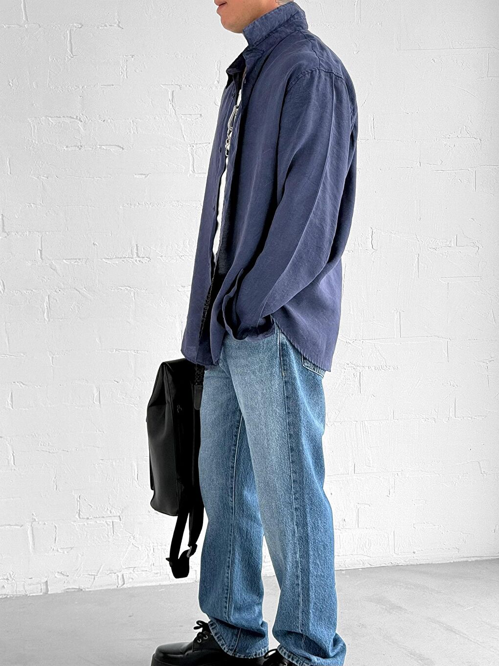 Erkek Oversize Yıkamalı Rahat Gömlek Lacivert-2