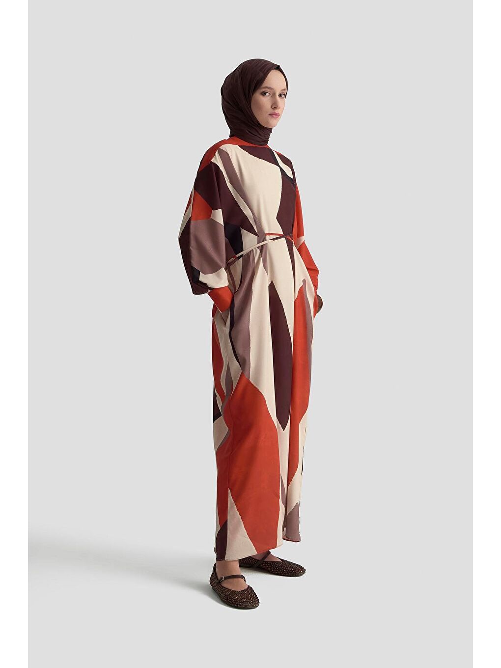 Kahverengi Çapraz Bağlamalı Desenli Elbise 25K9101 Kiremit-2