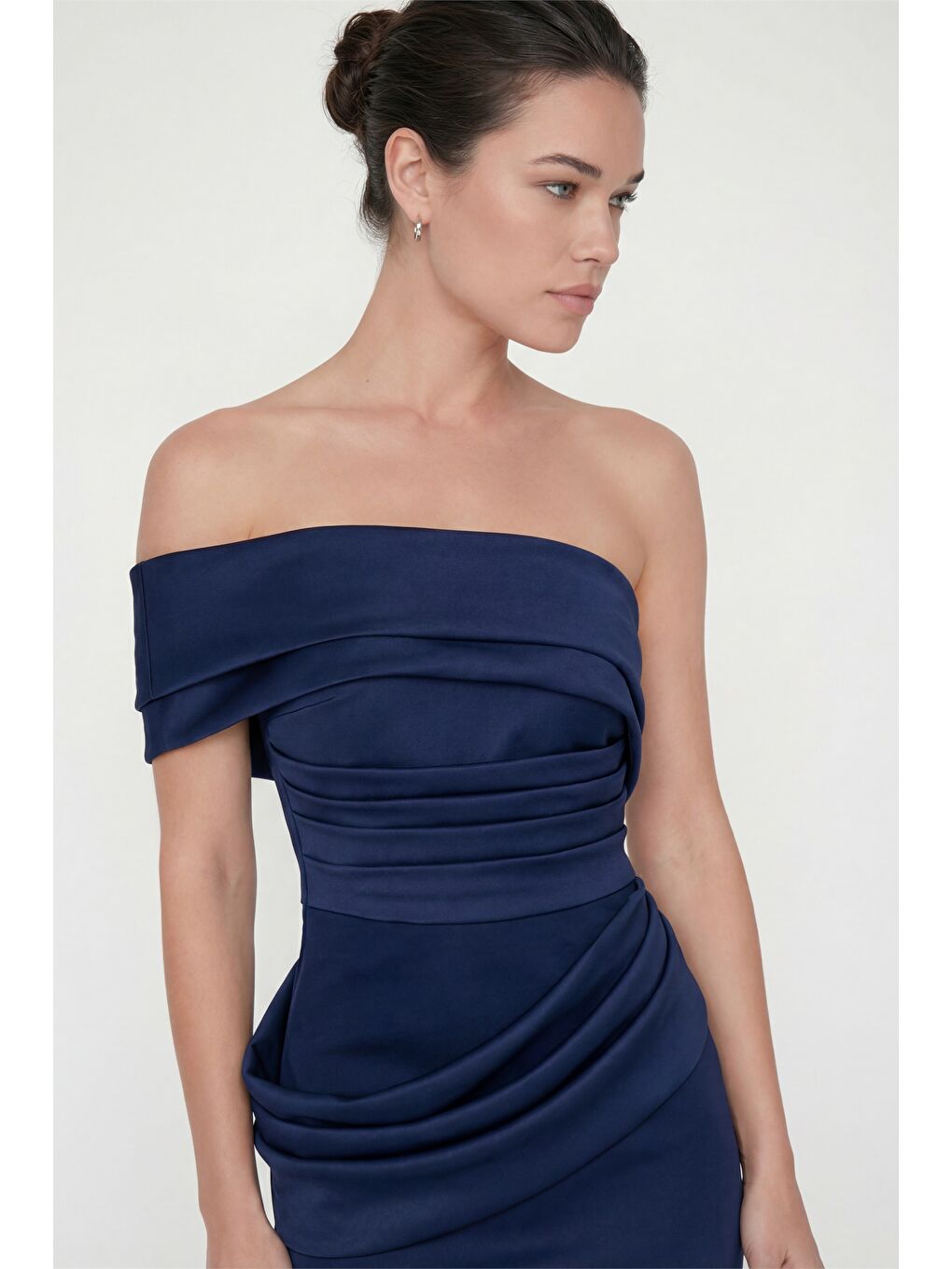 Kadın Lacivert Kayık Yaka Pile Detaylı Midi Söz Nişan Nikah Abiye Elbise-2