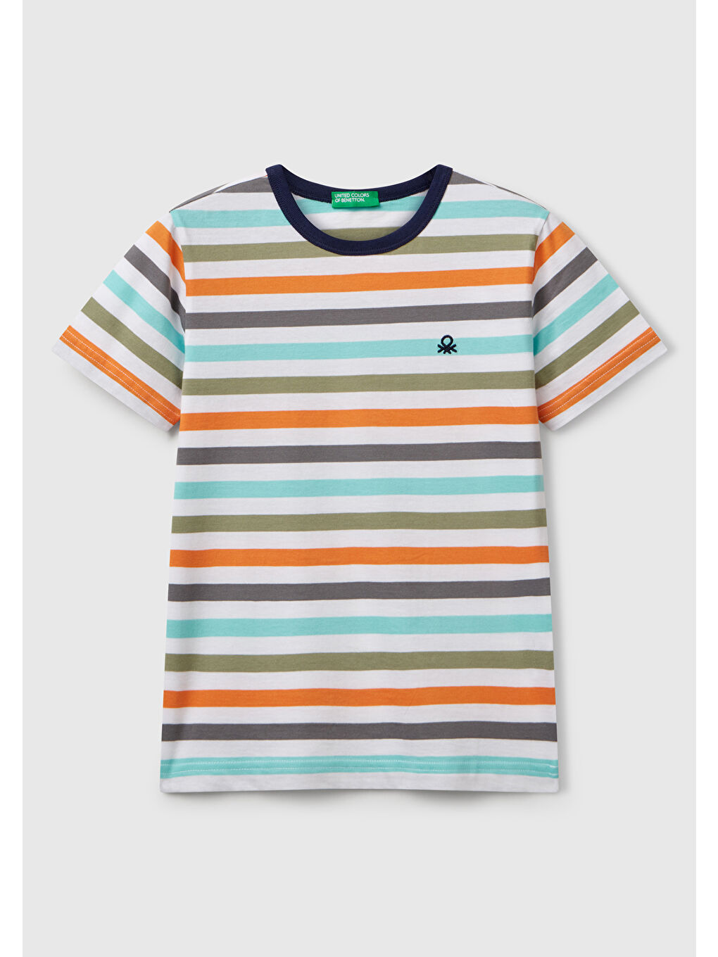 Erkek Çocuk Turkuaz Mix Çizgili Önü Logo İşlemeli Tişört