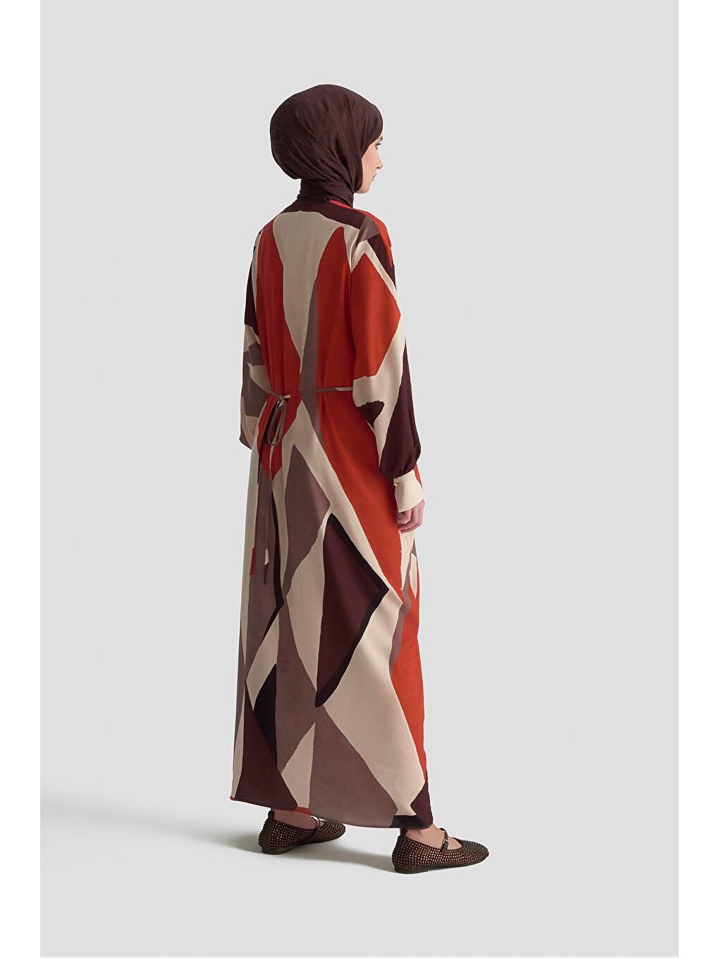 Kahverengi Çapraz Bağlamalı Desenli Elbise 25K9101 Kiremit-4