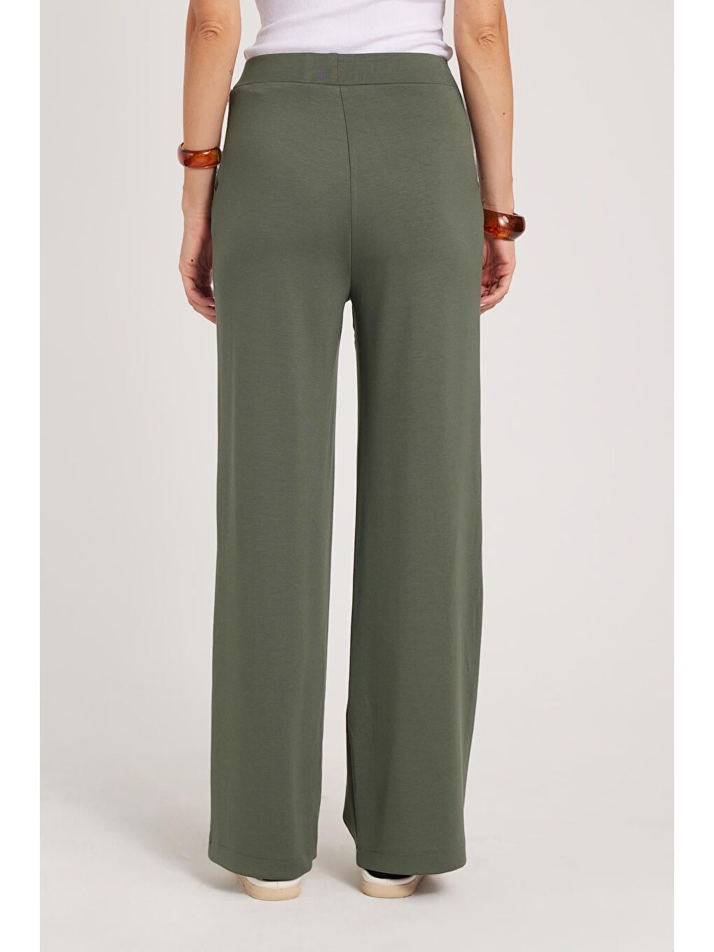Kadın Relax Fit Rahat Kesim Modal Kumaş Yüksel Bel Geniş Paça Haki Pantolon-5