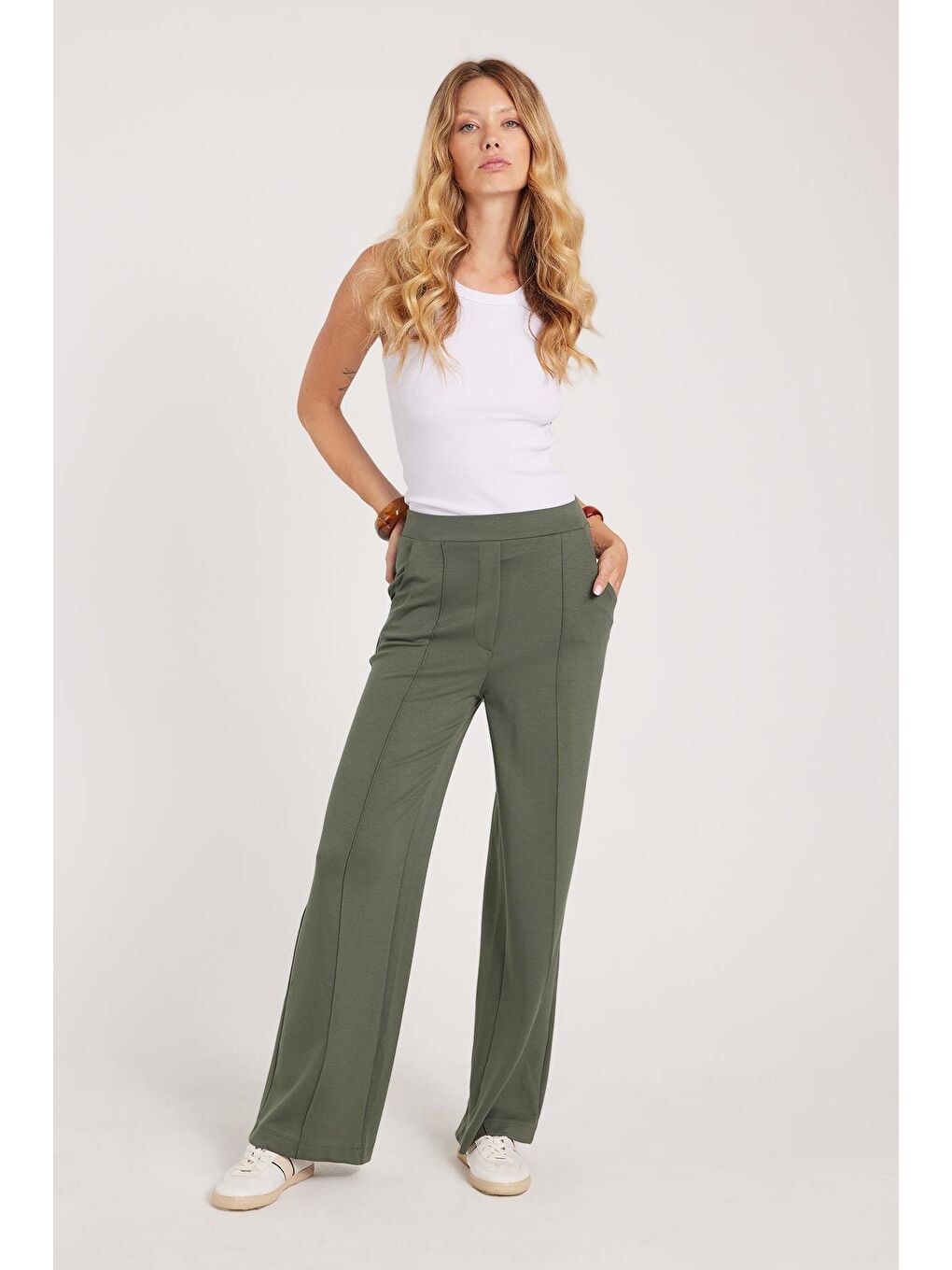 Kadın Relax Fit Rahat Kesim Modal Kumaş Yüksel Bel Geniş Paça Haki Pantolon-6